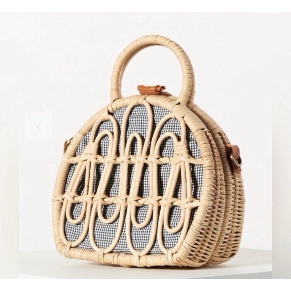 Anthropologie Woven Rattan Mini Bag with Black-and-White Gingham Lining